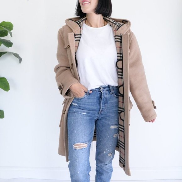 Burberry 100% Wool Beige Duffle Toggle Button Peacoat with Hood Winter Coat - Picture 3 of 16